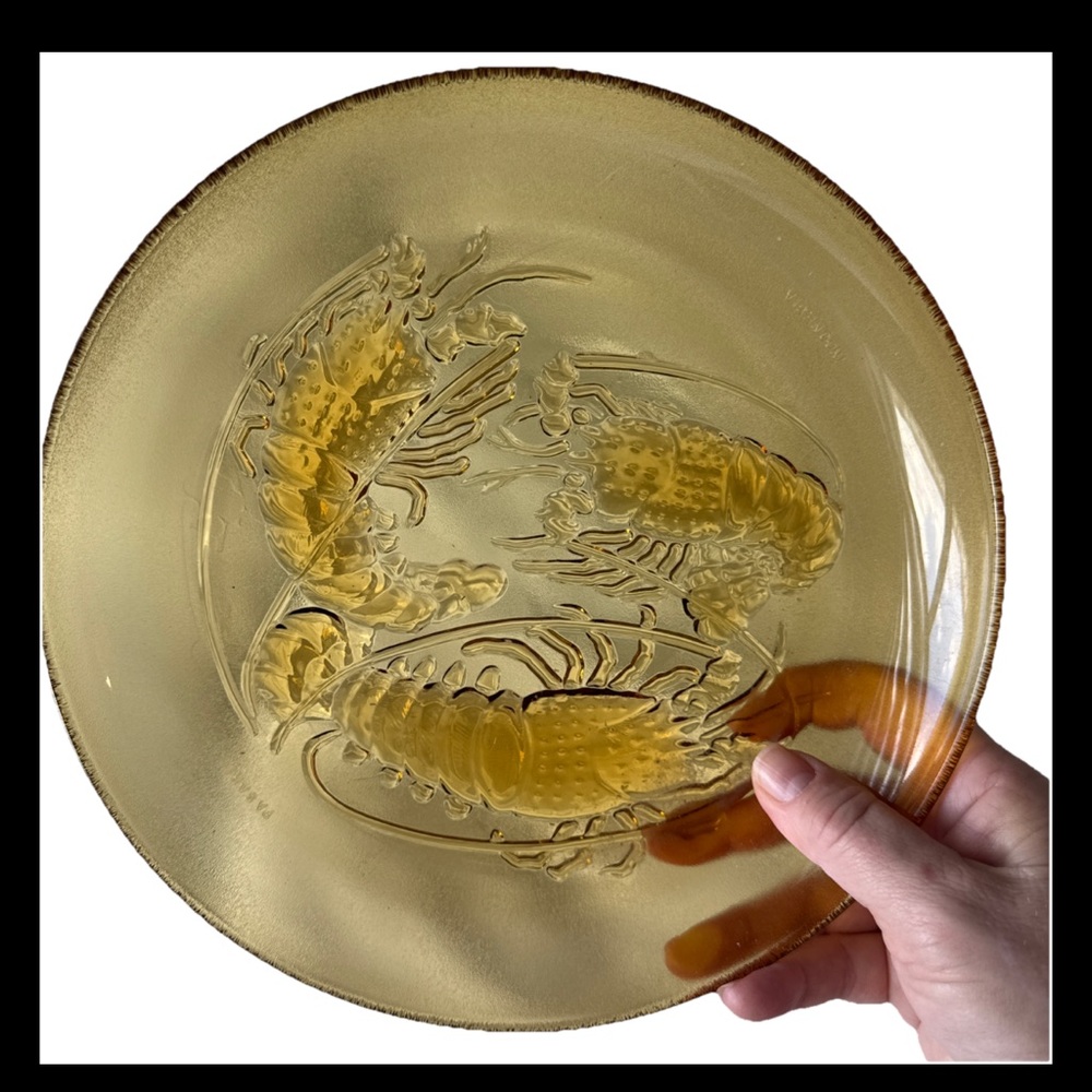 Vintage Amber Glass Plate with Lobster Design